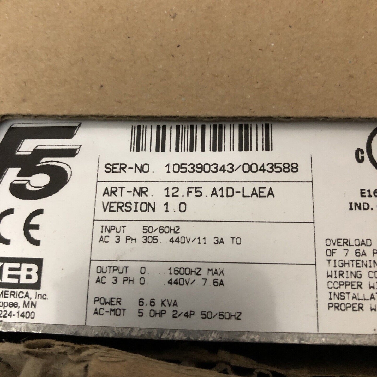 Keb 12.F5.A1d-Laea,6.6 Kva,12F5a1dlaea Combivert Drive 5Hp Close Loop,Cz