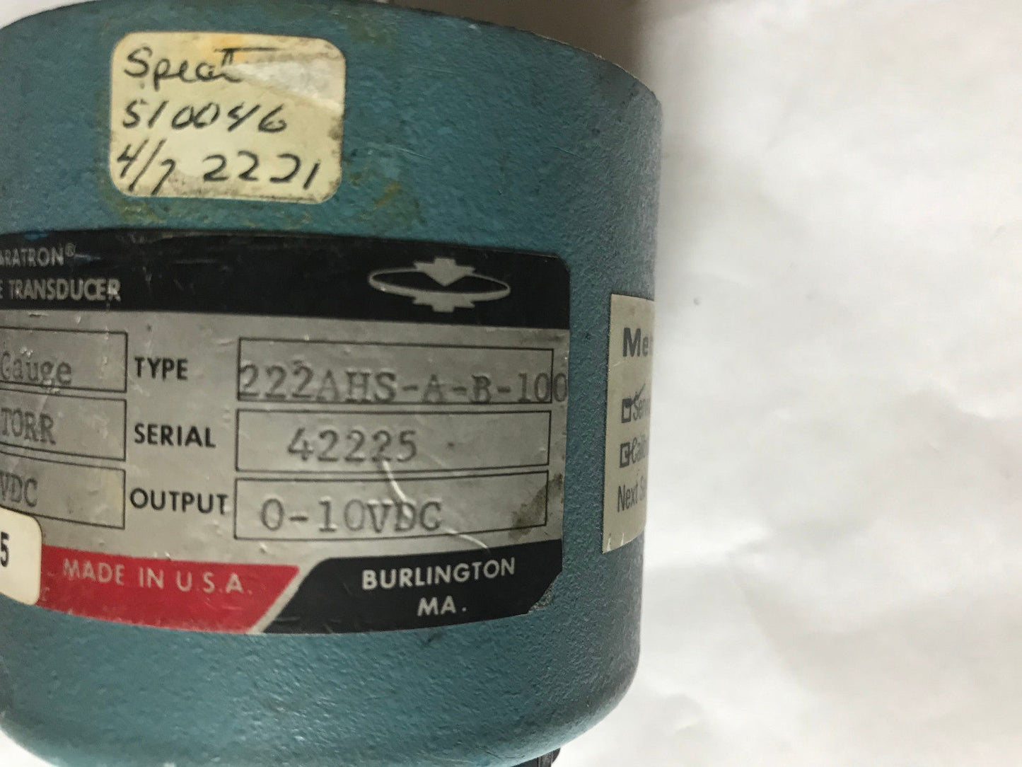 Mks 222Ahs-A-B-100 Pressure Transducer 100 Torr Type 222,Abs Gage,Sh