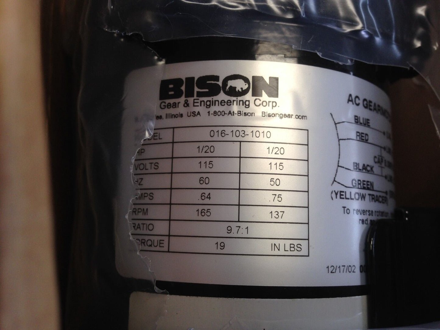 New Bison 016-103-1010 Gear Motor Gearmotor 1/20Hp Ratio 10:1 165Rpm,Ey,Di