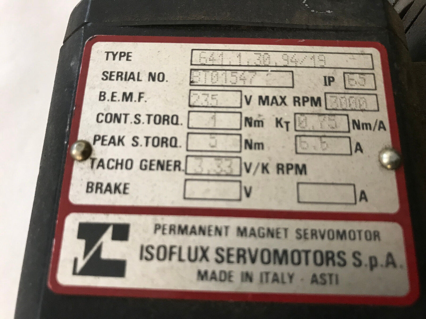 Isoflux 641.1.30.94/18 Servo Motor, 3000-Rpm, 235A, 6.6A,641.1.30.94/19,St,Ap