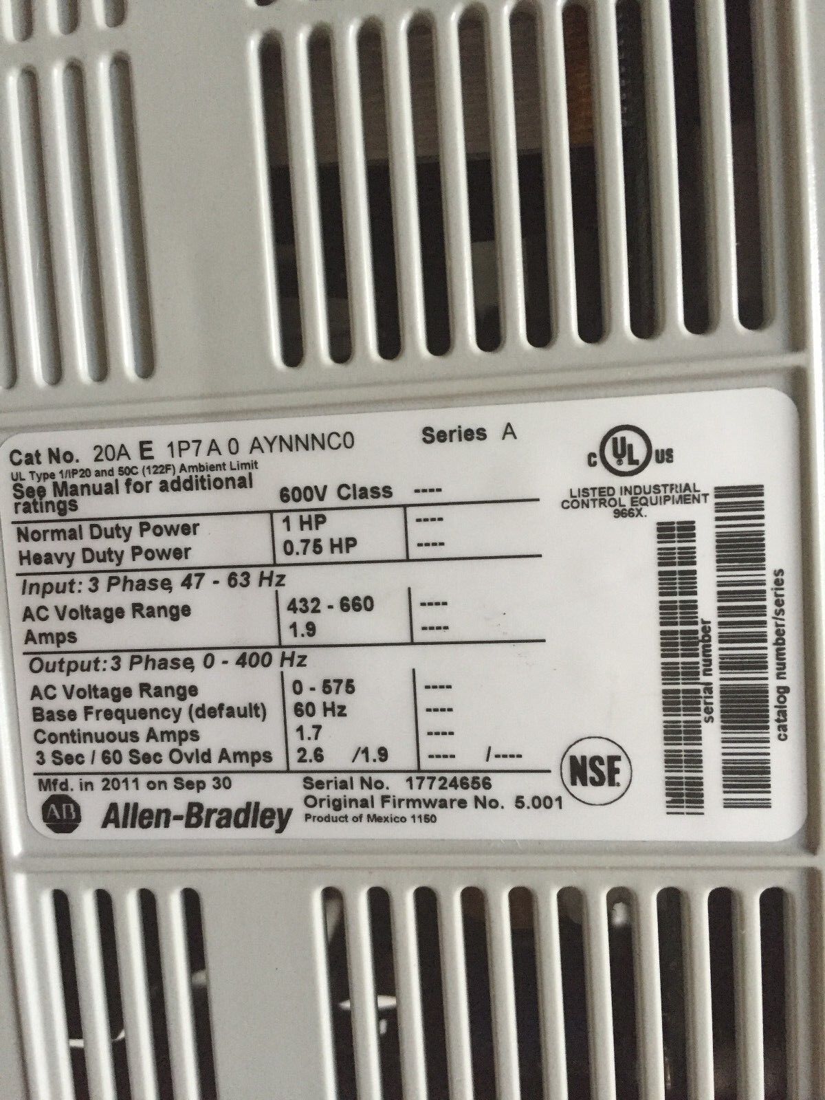 New Allen Bradley 20A E 1P7 A 0 Aynnnc0 Powerflex  1Hp,20Ae1p7a0aynnnc0,Cy
