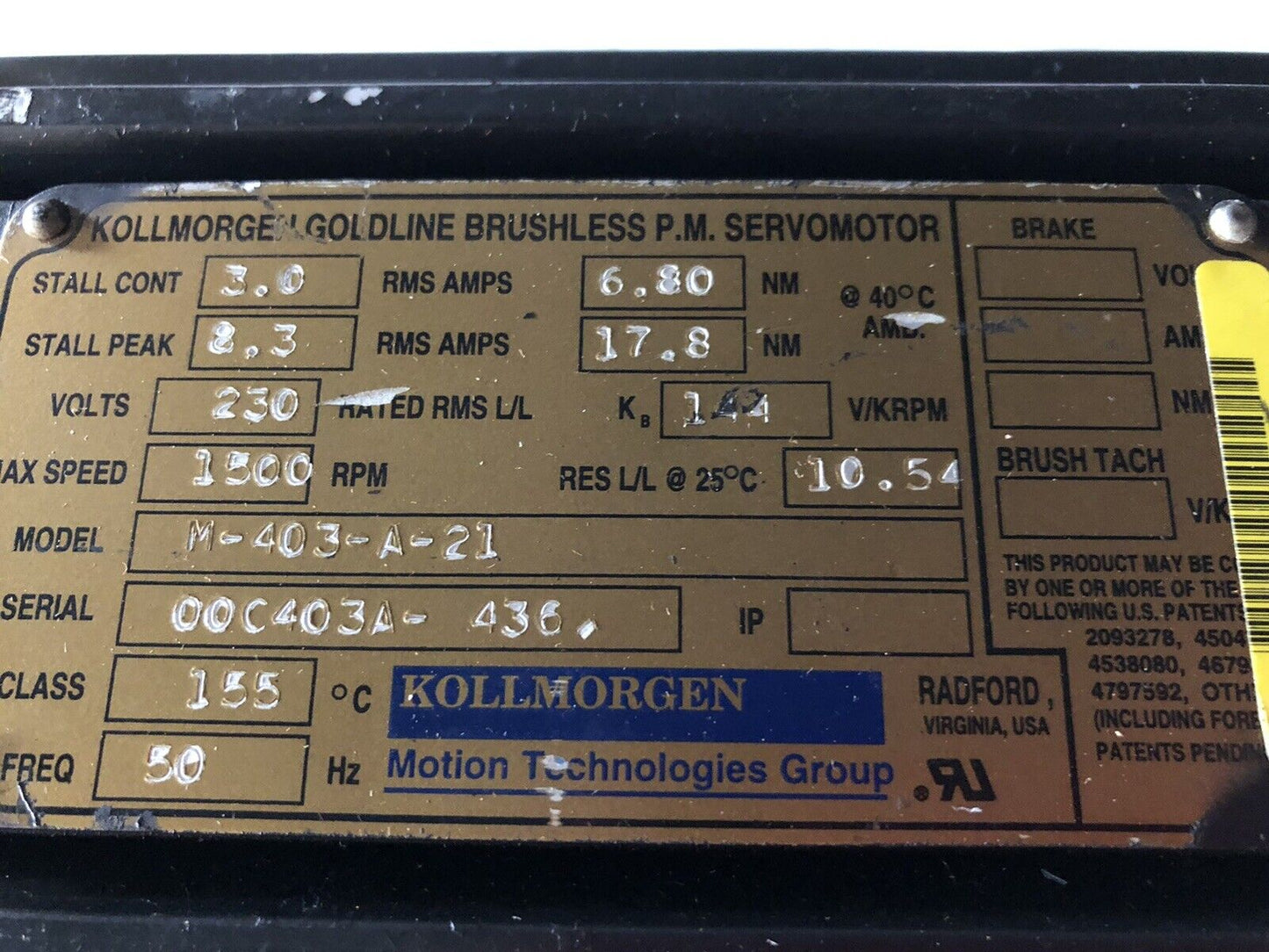 Kollmorgen M-403-A-21 Goldline Brushless P.M. Servomotor,230V,3.0,8.3 1500Rpm,Bk