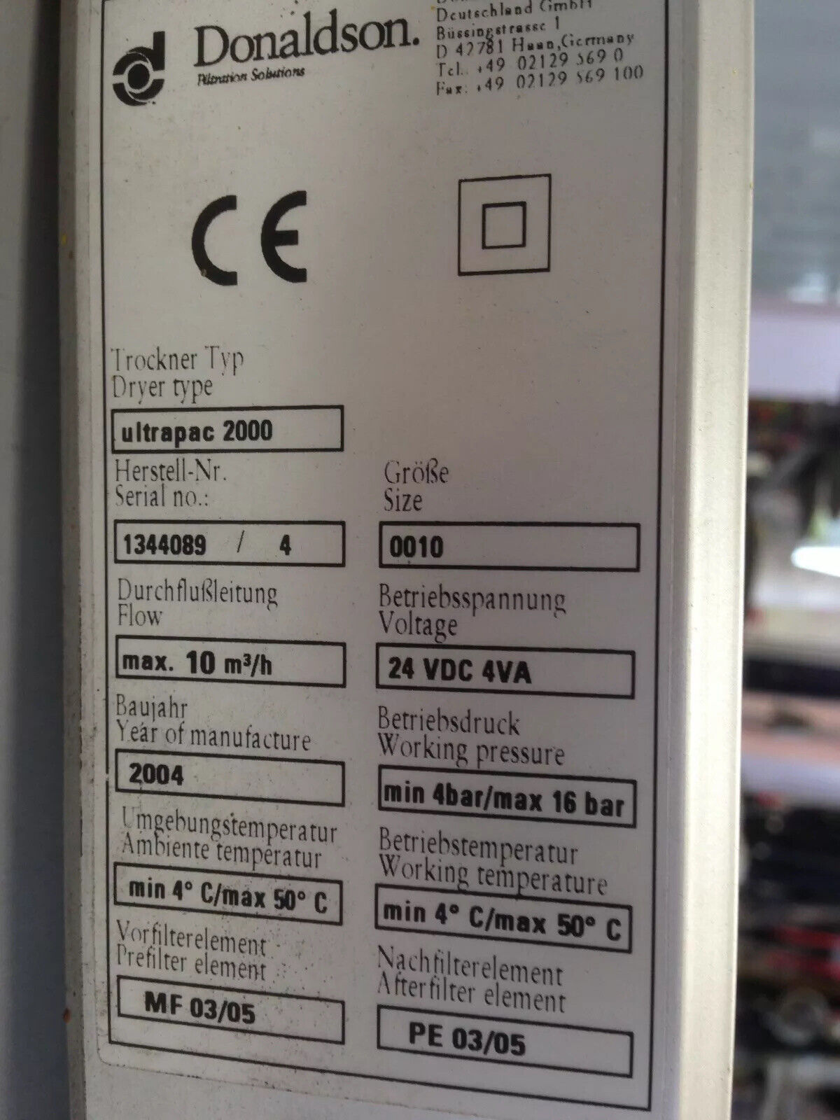 Donaldson Ultrapac 2000 Heatless Desiccant Dryer Ultrafilter 30000104,623-15F,Dk