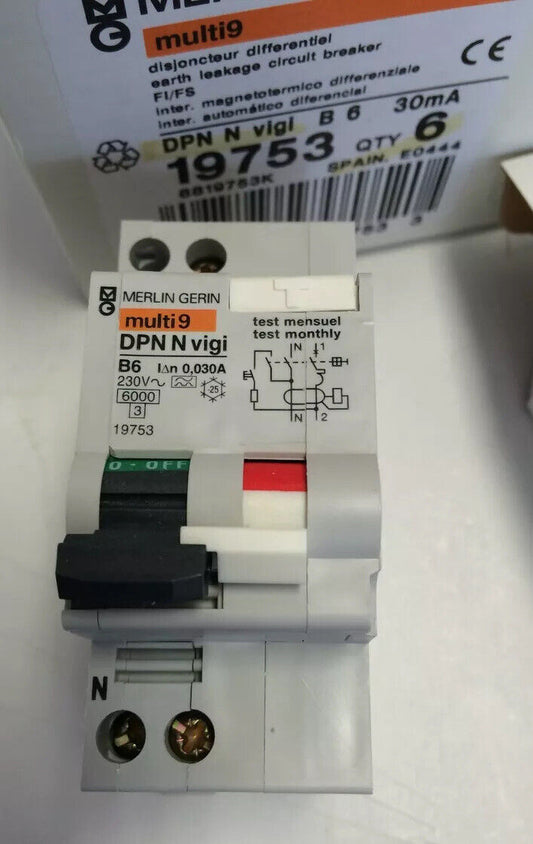 New Merlin Gerin Multi 9 ,Dpn-N Vigi B6 30Ma 19753 Current Breaker,Fe,Bn