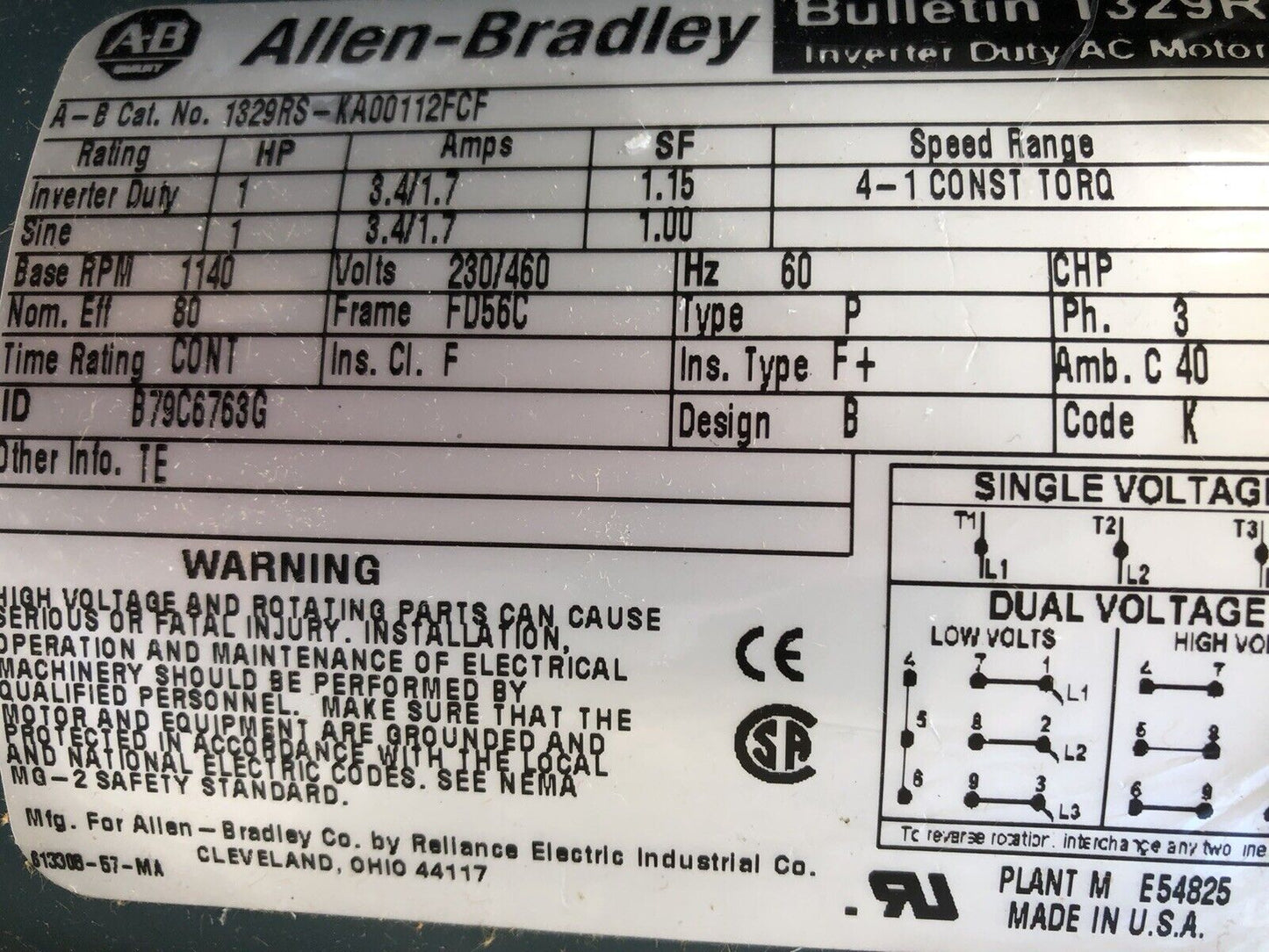 New Allen Bradley 1329Rs-Ka00112fcf 3Phase Motor 1Hp,Bulletin 1329R,Tb
