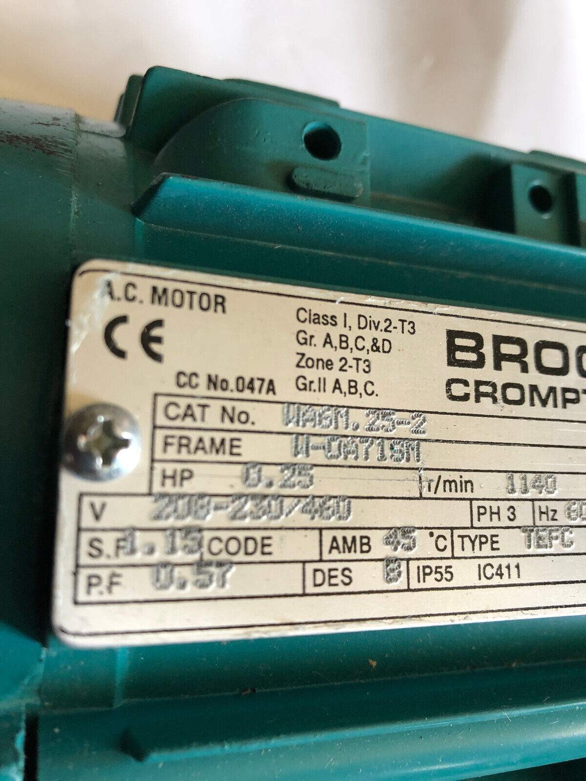 New Brook Crompton Wa6n.25-2,Wa6m.25-2 Inverter Duty Motor. 0.25Hp, 1140Rpm,Aa