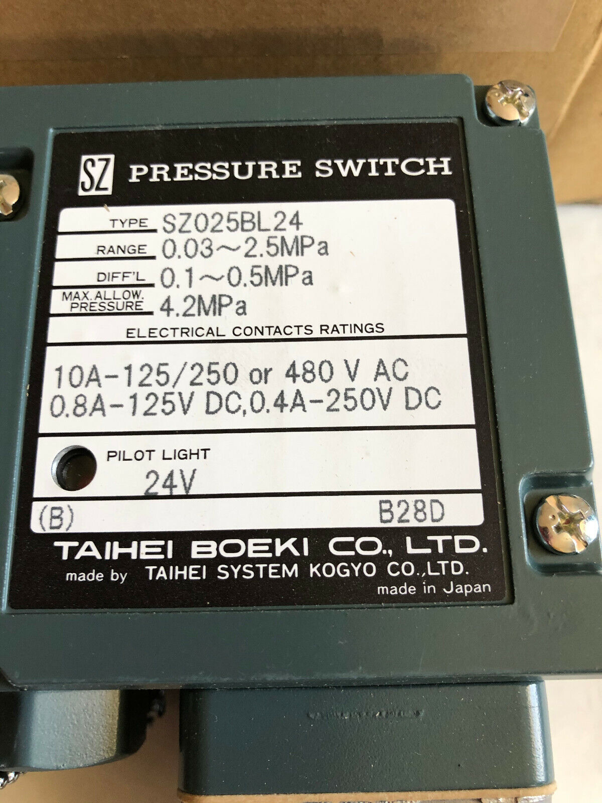 New Taihei Boeki Sz025bl24 Pressure Switch,24V,Df