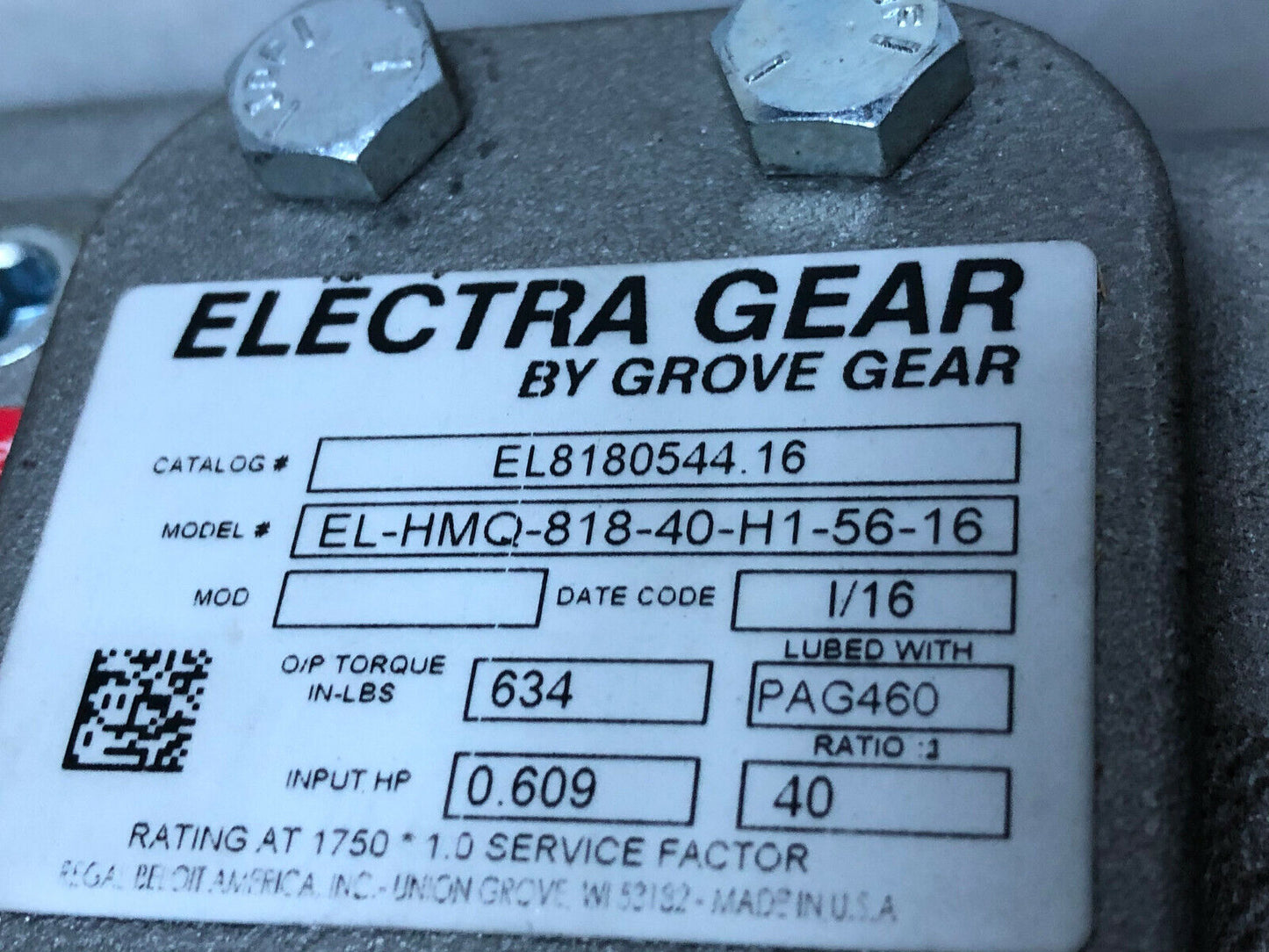 Marathon Y592 Induction Motor W/ Grove Gear El-Hmq-818-40-H1-56-16,Sg
