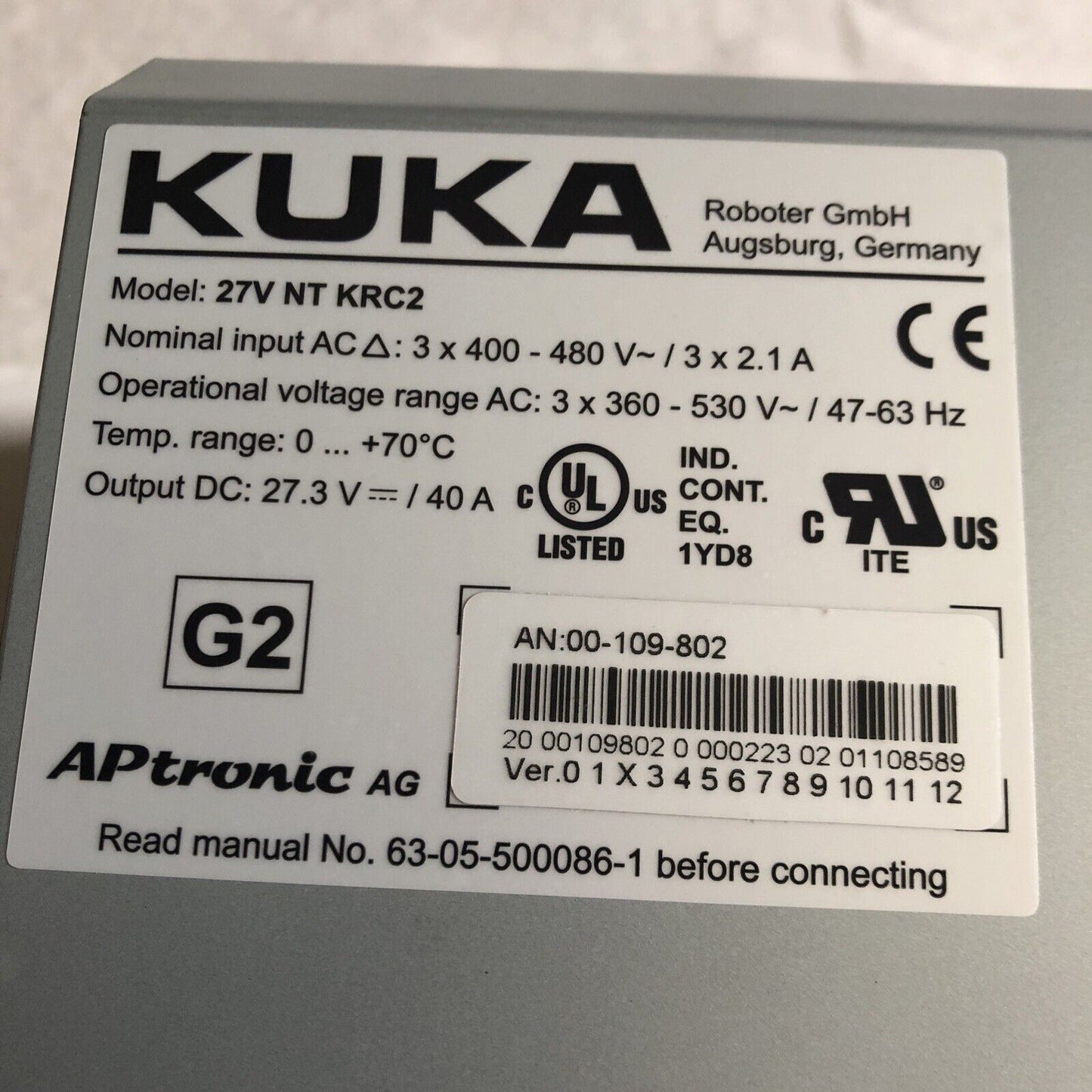 New Kuka 27V Nt Krc2 Power Supply Unit 400-530V 3X2.1A-40A 47-63Hz ,Aj
