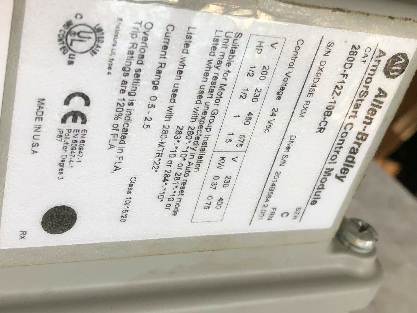 New Allen Bradley 280Df12z10bcr,280D-F12z-10B-Cr-3,10A 24Vdc Armorstart,Cg