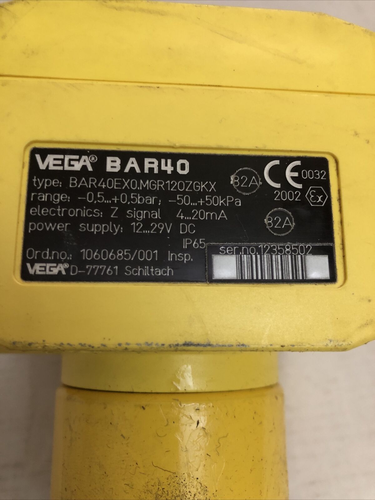 Vega Bar40 Pressure Transmitter Bar40ex0.Mgr120zgkx Ptb 99 Atex 2127X,1.4301,Cs