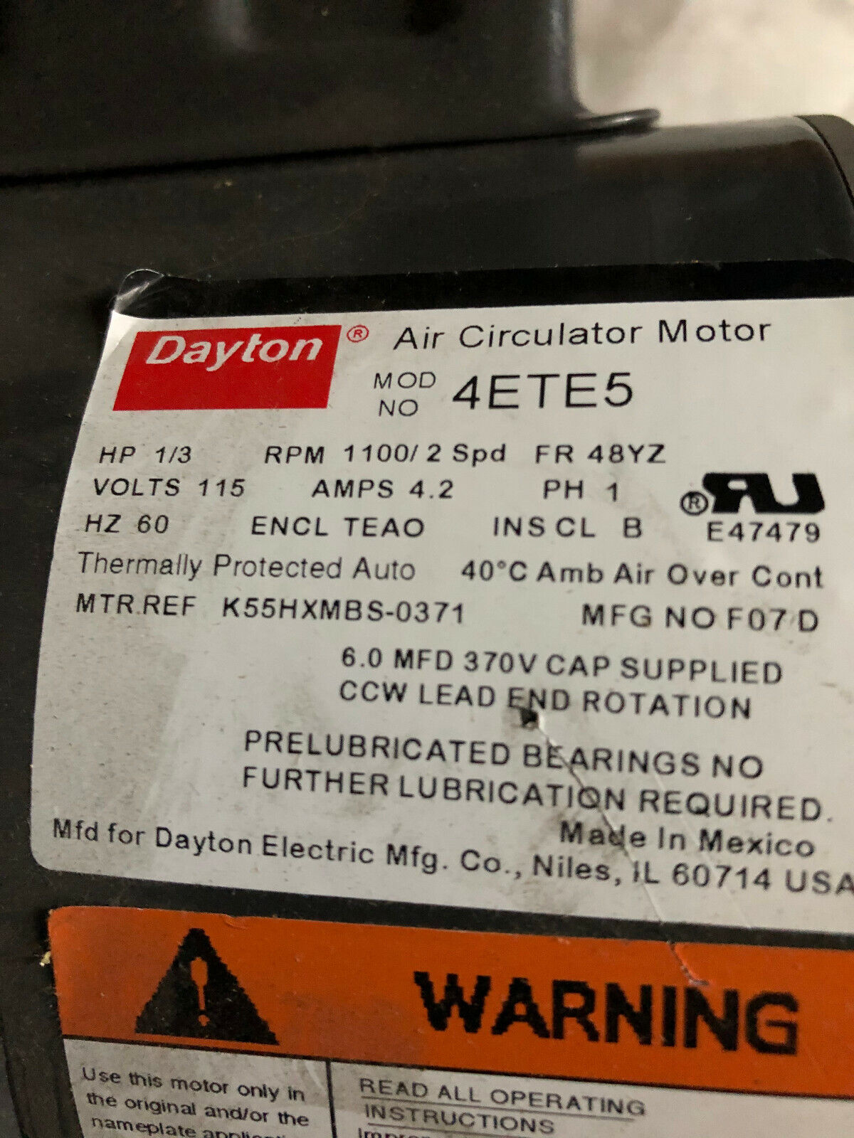 New Dayton 4Ete5 Air Circulator Motor 1/3Hp 1100Rpm 2 Spd ,Bi