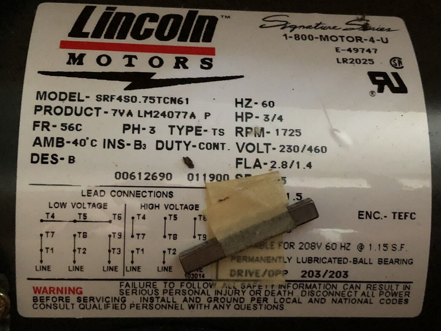 New Lincoln Motors Srf4s0.75Tcn61,75Tcn61 Lm24077 3/4Hp 3Ph,7Va Lm24077a P,Tb,Eg