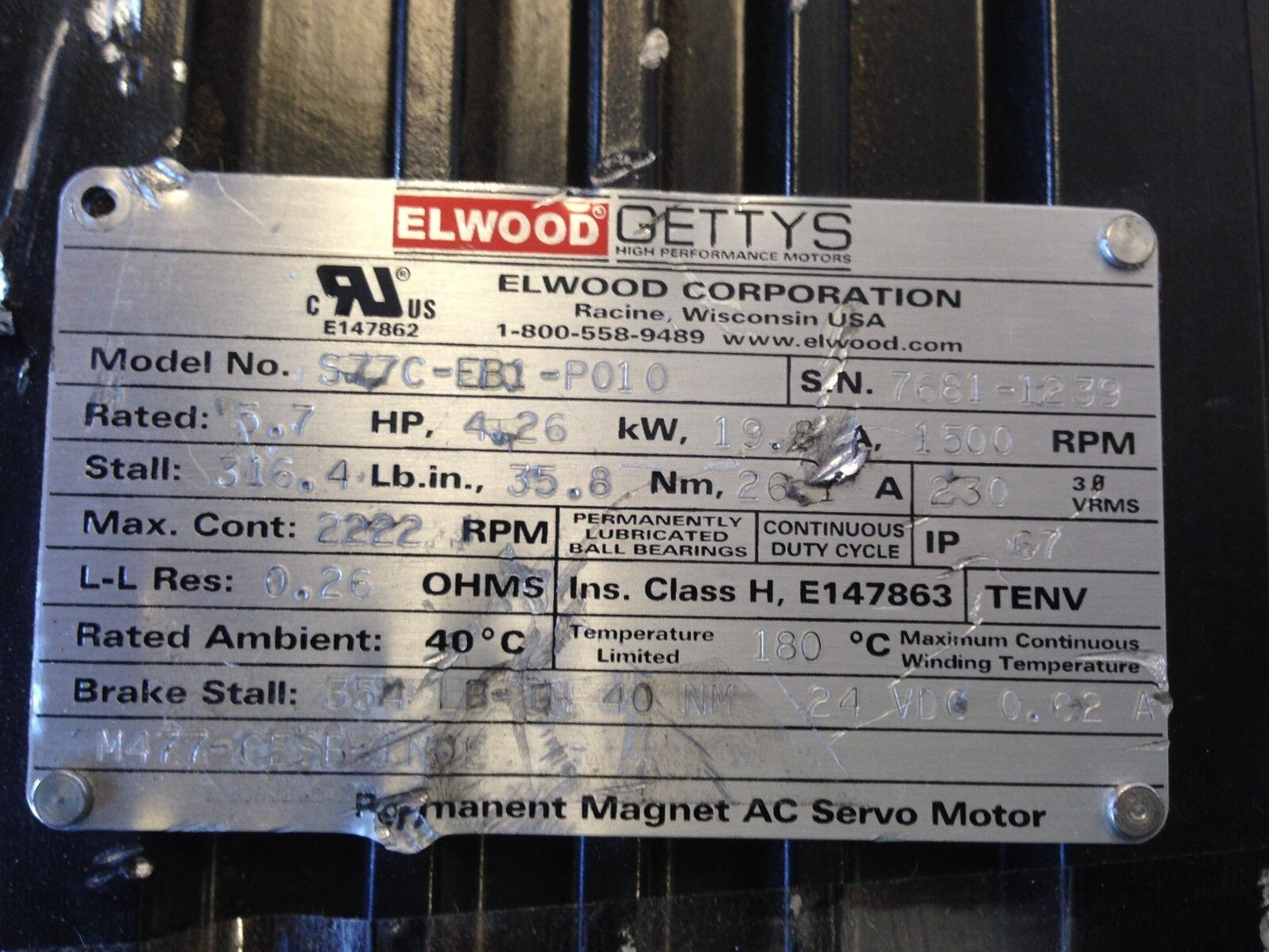 Elwood Gettys S77c-Eb1-P010 Permanent Magnet Ac Servo Motor,5.7Hp,M477,Av