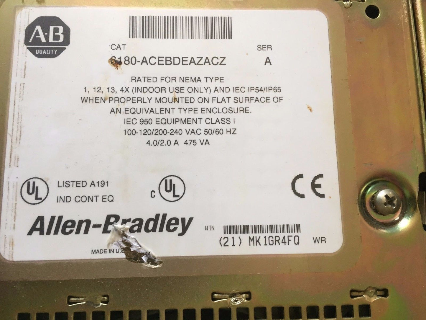 Allen-Bradley 6180-Acebdeazacz Panelview Computer  Rated Controller,Ac
