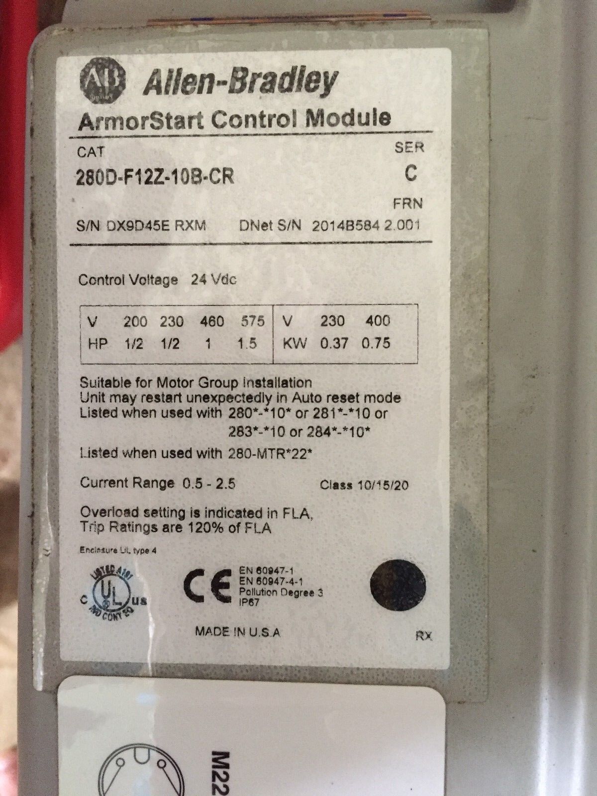 New Allen Bradley 280Df12z10bcr,280D-F12z-10B-Cr-3,10A 24Vdc Armorstart,Cg