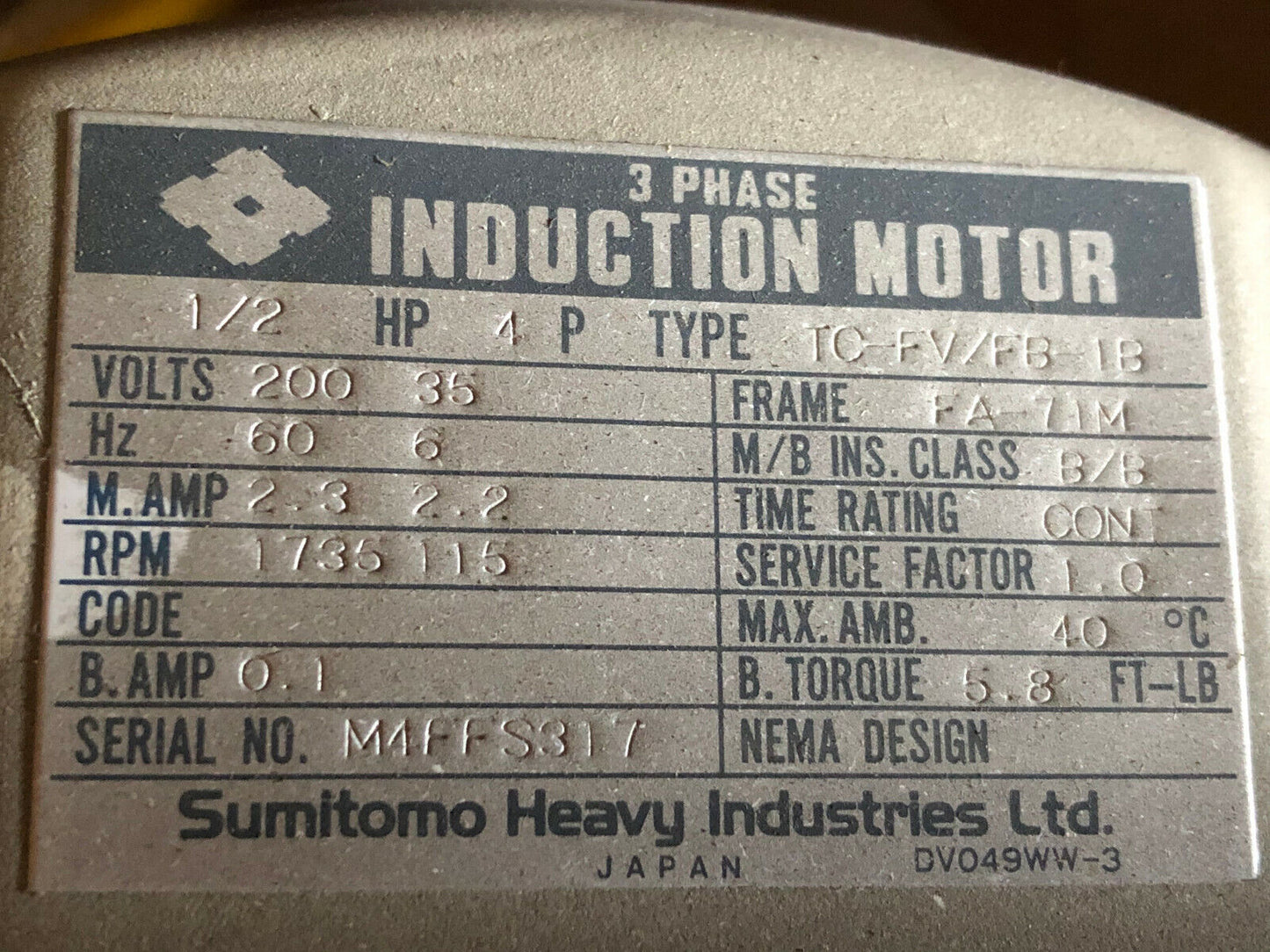 New Sumitomo Rnfm05-43L-Av-B-50 Ac Gear Motor,Induction Motor Tc-Fv/Fb-1B,1/2,Db