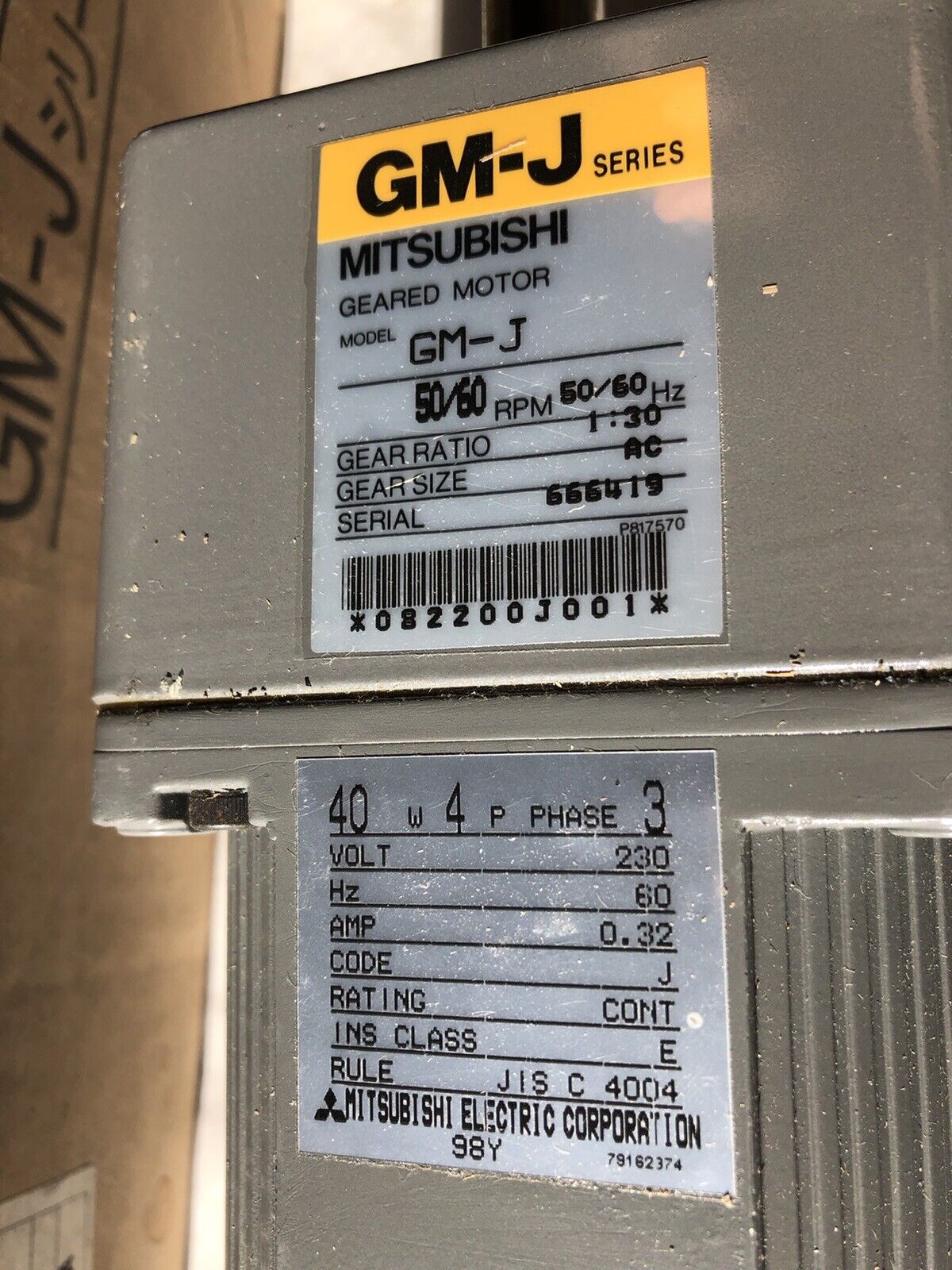 New Mitsubishi Gm-J 1:30 Gear Motor 45Rpm 50/60Hz 1:40Ratio 40W 4P 3Phase,An