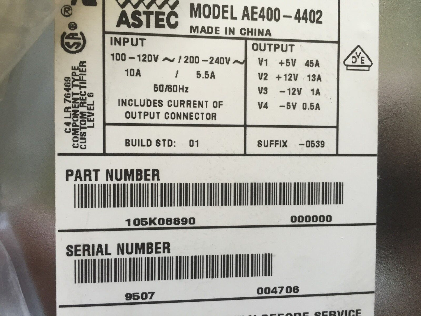 New Astec Ae400-4402,105K08890 Emerson Power Supply 120/240Vac,Cy