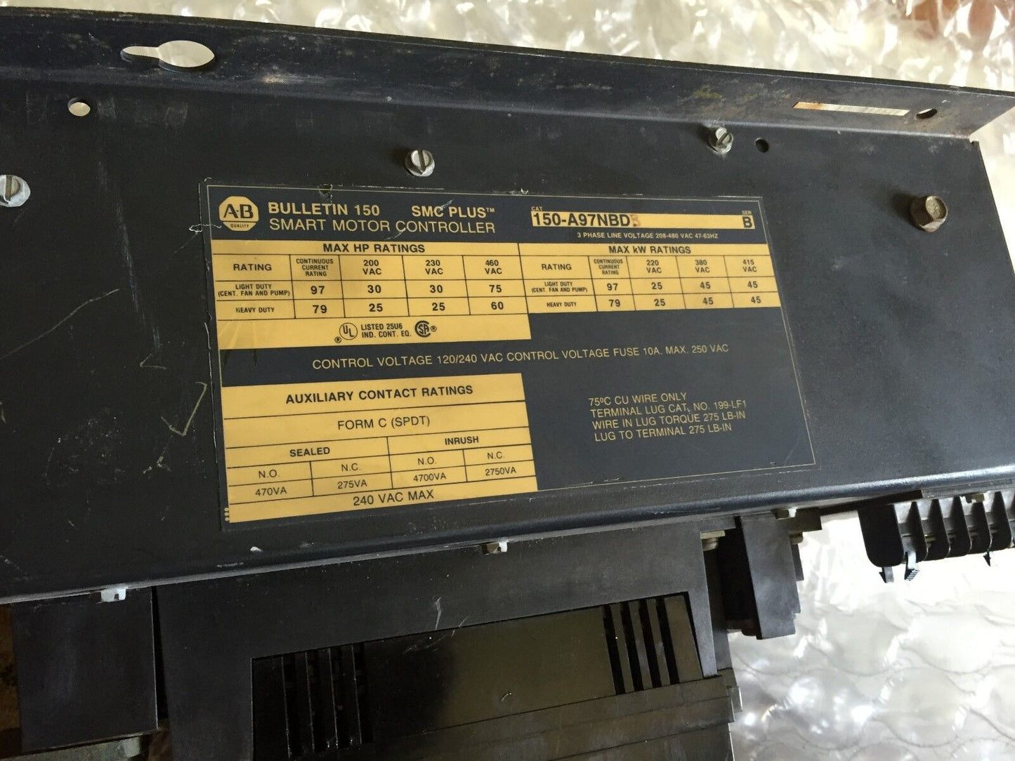 Allen Bradley 150A97nbdb Motor Controller Smc Plus Open 97Amp 3Ph 480Vac,Fa