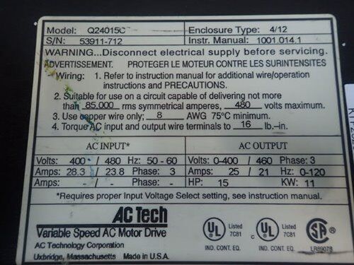 Ac Tech Q24015c Ac Motor Drive,Variable Speed,  3-Phase, 400/480V, 15 Hp,Bo