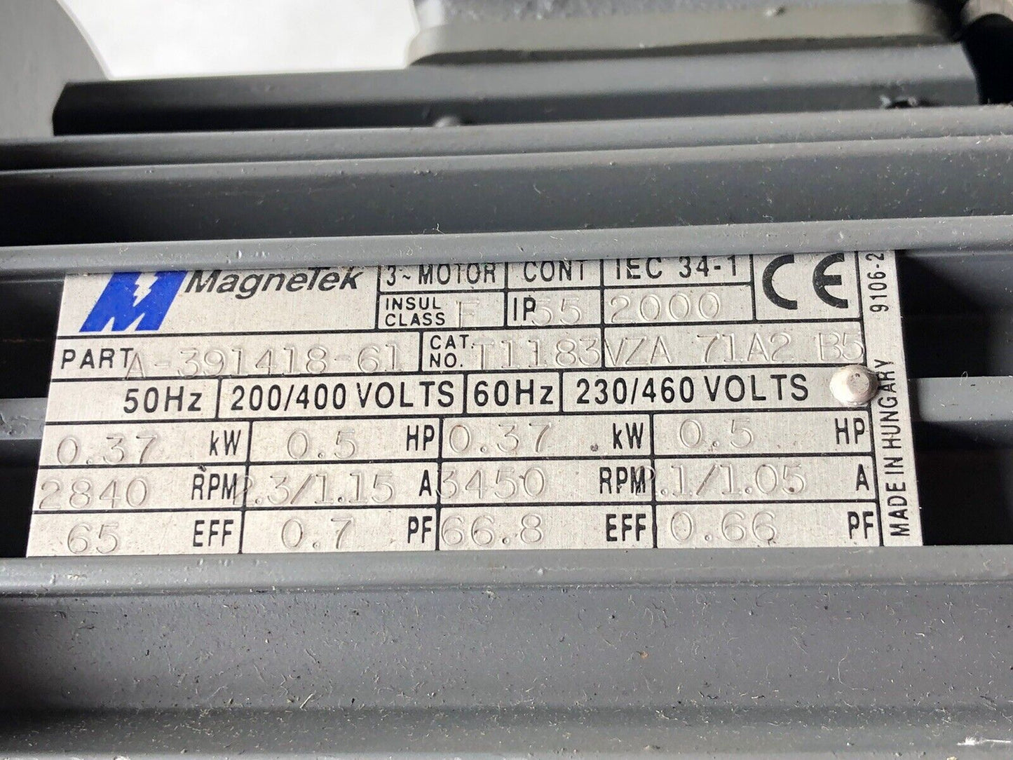 Magnetek A-391418-61 Ac Motor,T11 83 Vza 71A2 B5 3 Phase, .5 Hp,200-460 Vac,Dh