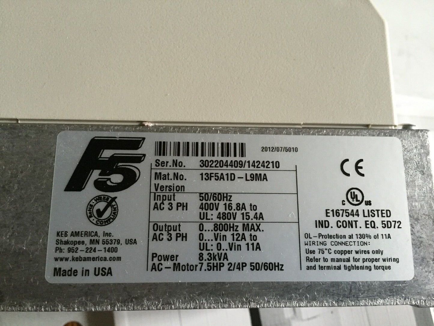 New Keb 13F5a1d-L9ma Combivert F5 Drive Power 8.3Kva Ac 7.5Hp 2/4P ,Dg