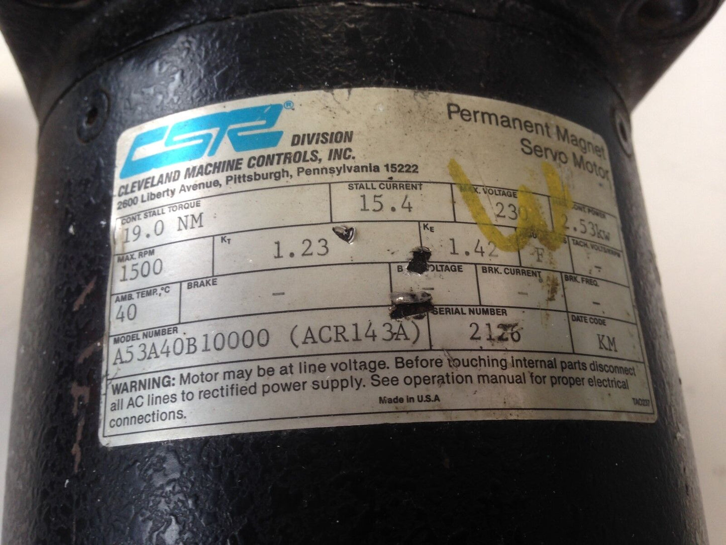 Csr,Cleveland A53a40b10000 Acr14 3A,Ac Servo Motor,230 Vac,2.53 Kw,1500 Rpm,Ti