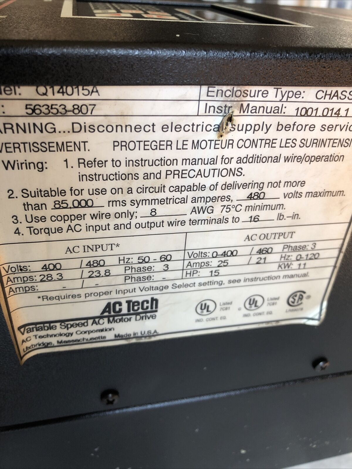 Ac Tech Q14015a Variable Speed Ac Motor Drive,15 Hp,Bc