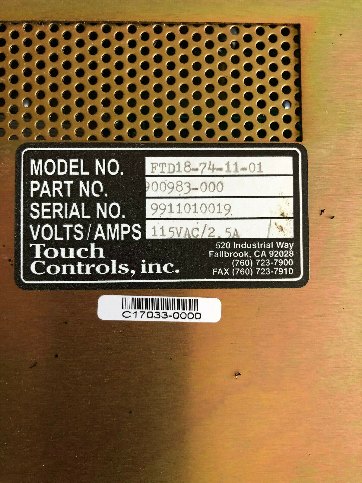 Touch Controls Ftd18-74-11-01,900983-000,115Vac/2.5A Industral Monitor,Fe