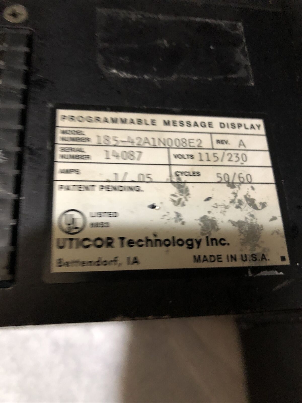 Uticor 185-42A1n008e2 Operator Interface Panel, 115/230 Vac Pci 185,Bf