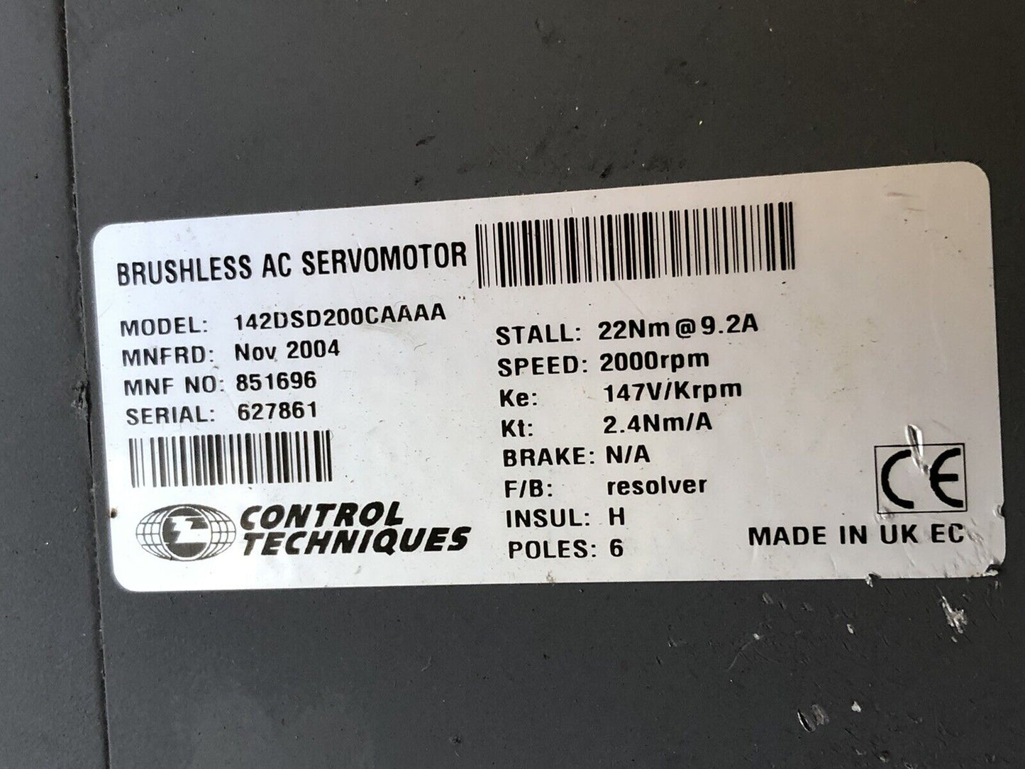 New Control Techniques 142Dsd200caaaa Ac Servo Mo,Dutymax Ds Motor, 147 Vac,Te