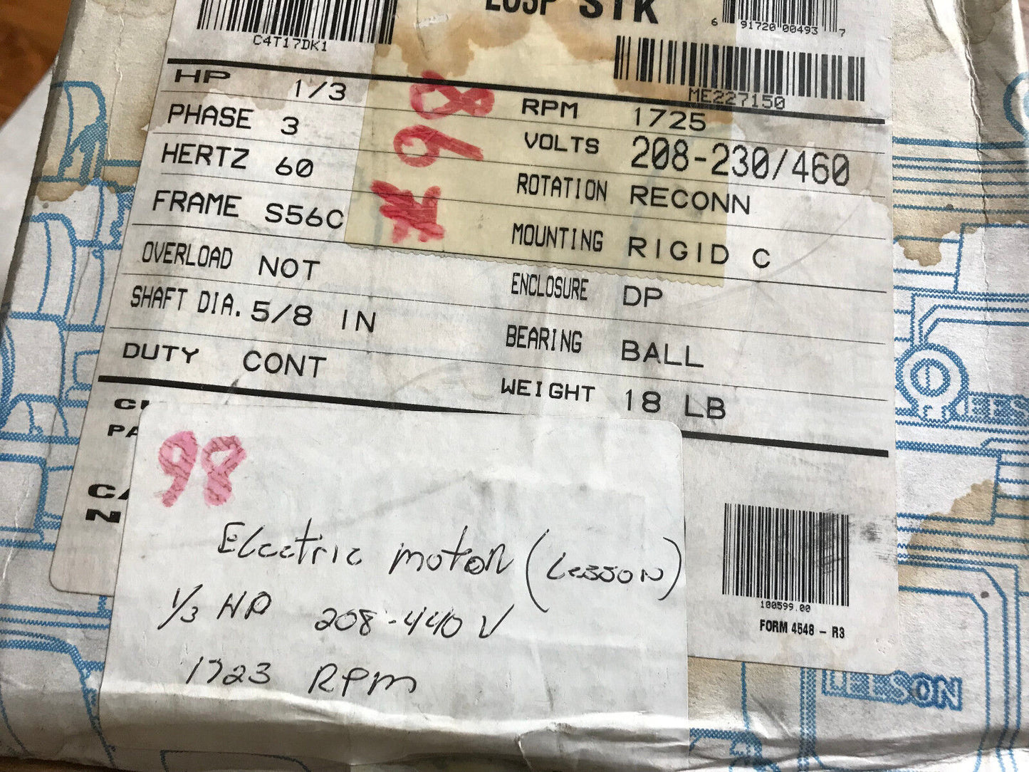 New Leeson C4t17dk1e,100599.00 Motor, 1725-Rpm,230/460Vac,1/3 Hp,3-Phase,Sr