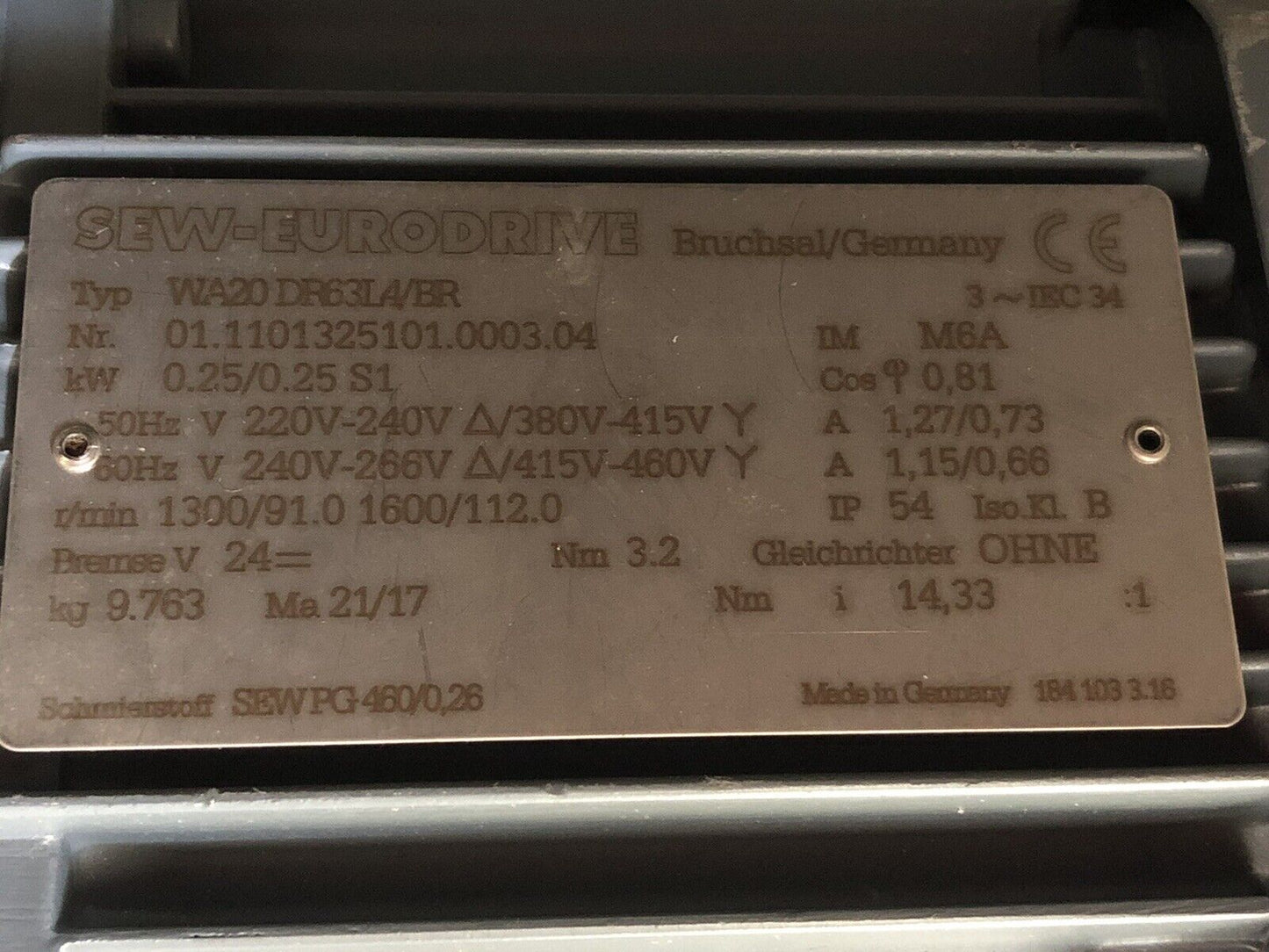 New Sew Eurodrive Wa20 Dr63la/Br Gear Drive, 3-Phase, .25 Kw, 220-460 V ,Tc