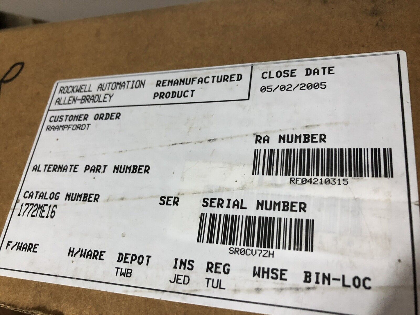 Allen Bradley 1772-Me16,960232,01Ft10 713 Fg Ram Memory Module,16K Words,Tm