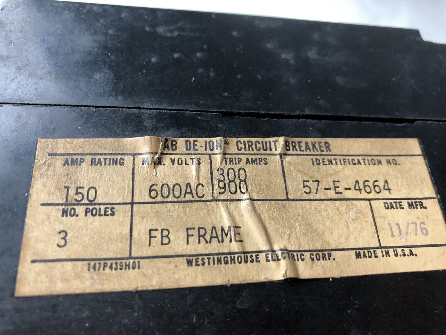 Westinghouse 57-E-4664,150 Amp Circuit Breaker, 600 Vac, 3-Pole,150A,3 Phase,Ag