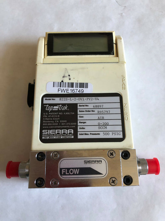 Sierra Instruments 822S-L-2-Ov1-Pv2-V4 Gas Mass Flow Meter W/ Digital Displ,De