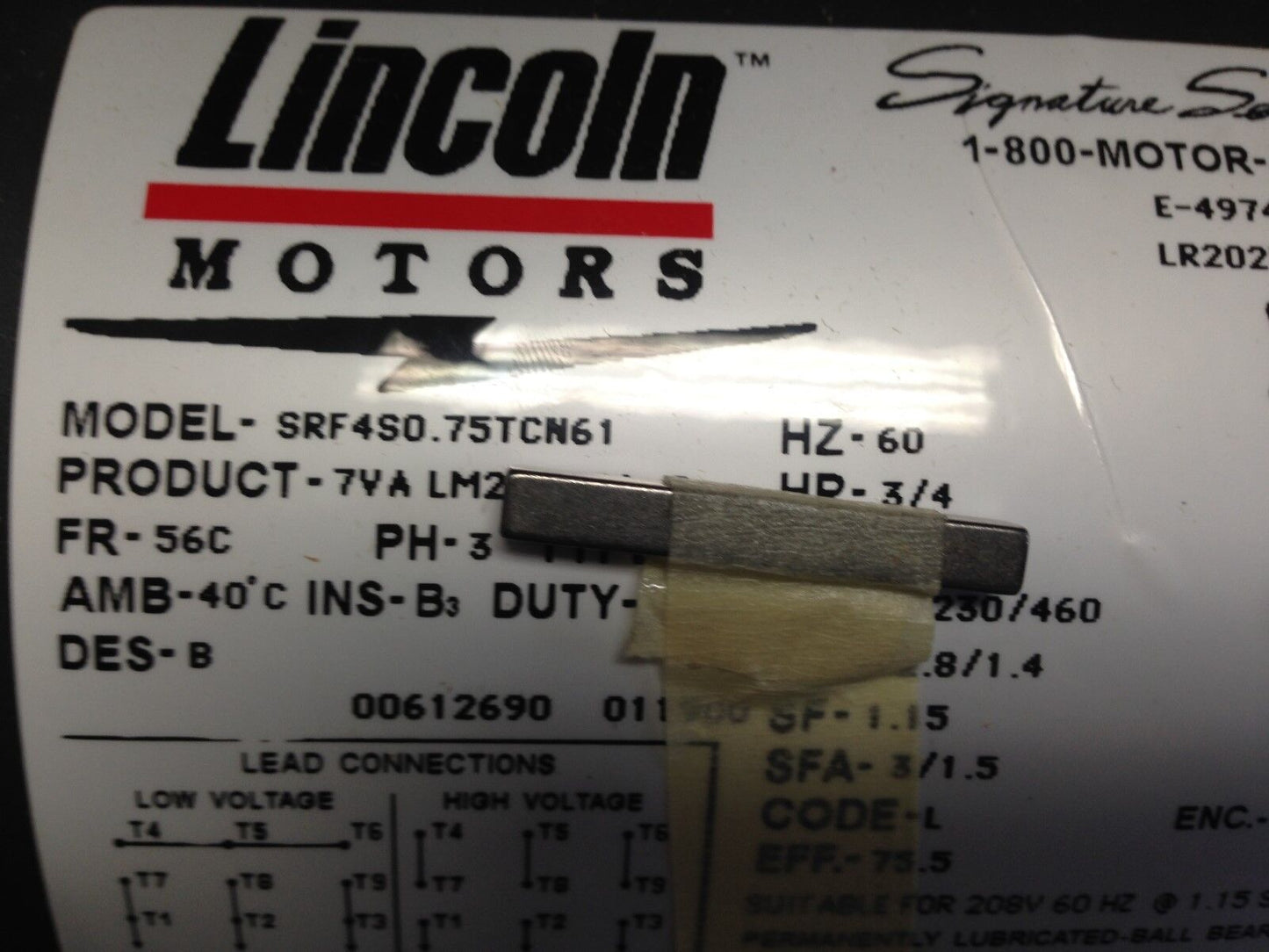 New Lincoln Motors Srf4s0.75Tcn61,75Tcn61 Lm24077 3/4Hp 3Ph,7Va Lm24077a P,Tb,Eg