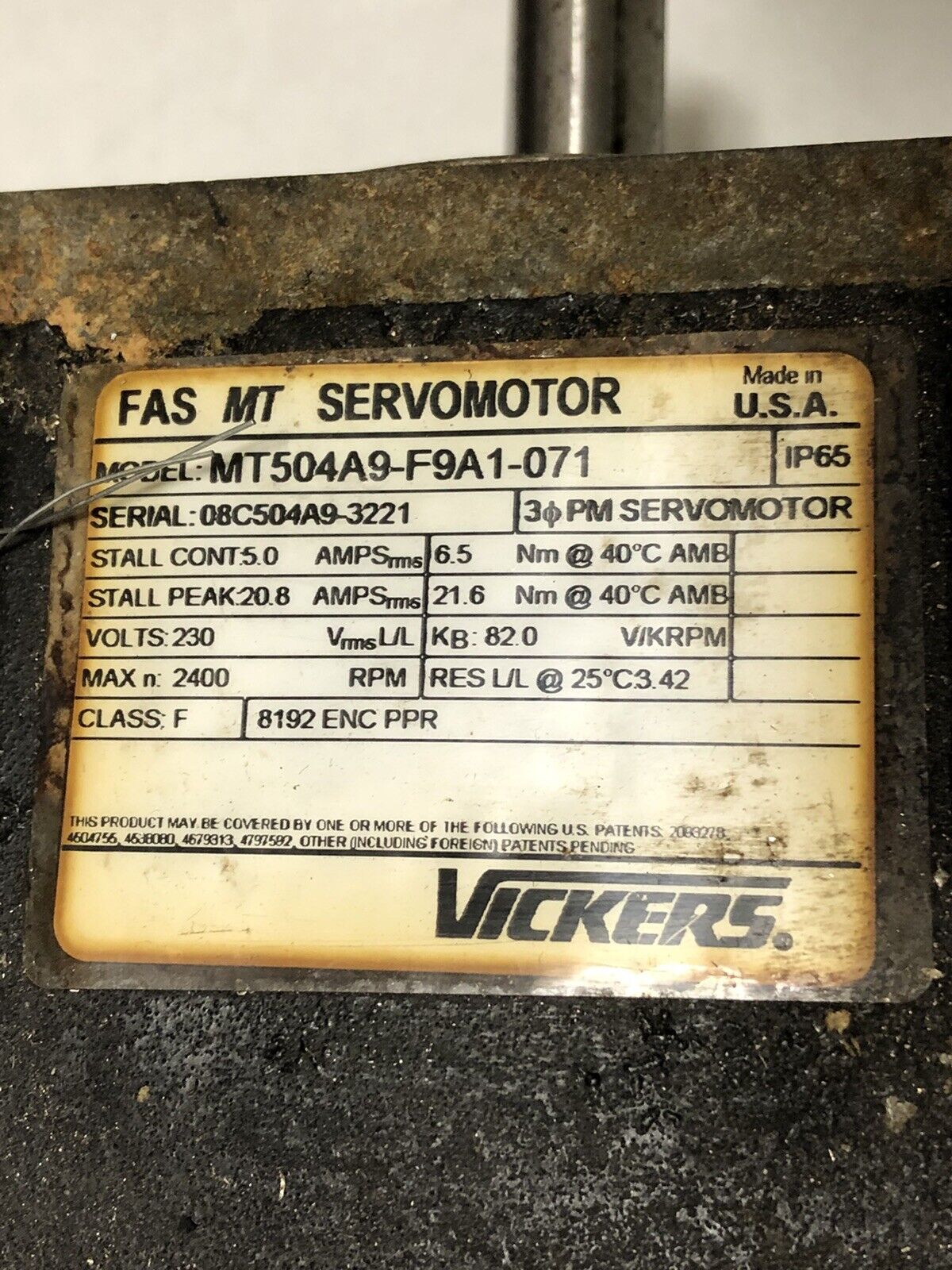 Vickers Mt504a9-F9a1-071 Fas Mt Servomotor,8192 Enc Ppr 3Ph,230V (Part Only),Bk