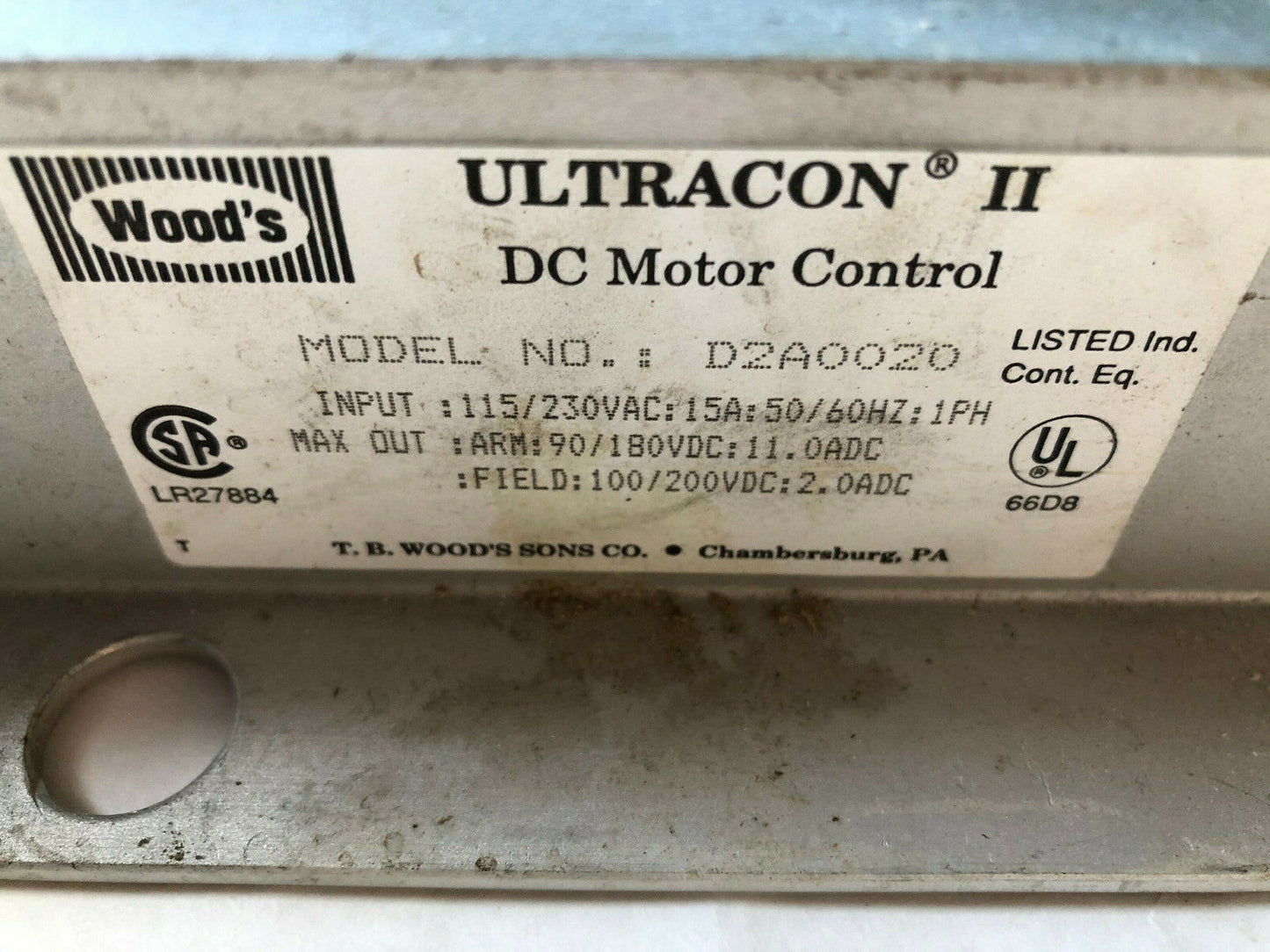Wood's D2a0020 Dc Motor Control,90/180Vdc,Pc62,Ultracon Ii,115/230V 1Ph,15A,Ag