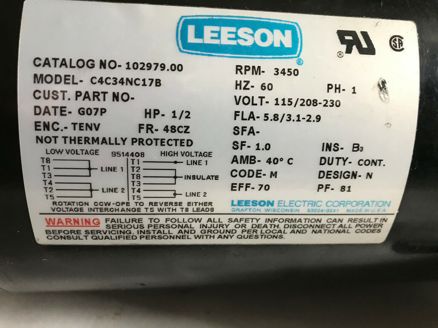 Leeson C4c34nc17b Motor 1/2 Hp W/ Stillwater Gear Reducer,No 102979.00,Sf