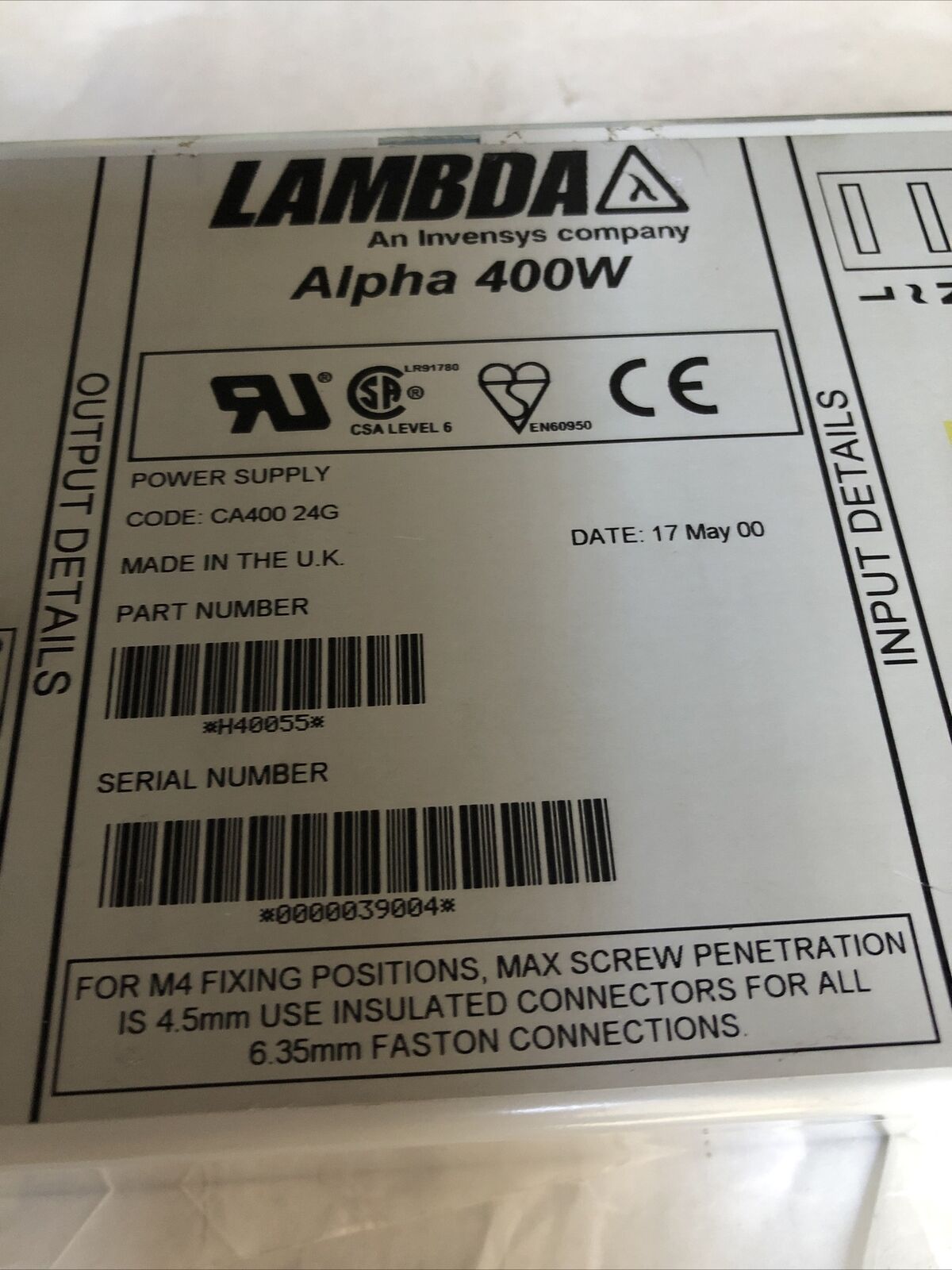 Lambda H40055,Alpha 400W Power Supply 24V Output,Fg