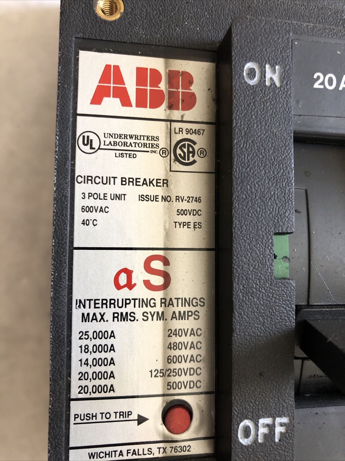 Abb Es,20A,Abb Mf726789,3P,As Lr90467 Cu7al,Uxab 727131 R 103 Circuit Breaker,Eb