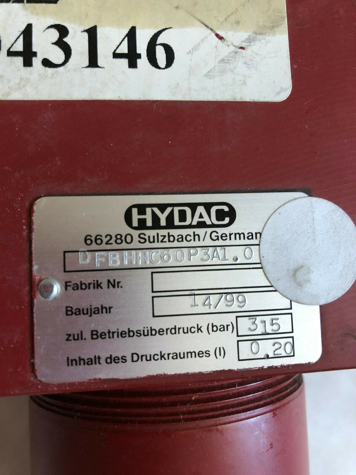 Hydac Dfbhhc60p3a1.0,Dfbn Hc 603A1 Hydraulic Dfbhhc60p3ai.0 Filter,14/99,315,An
