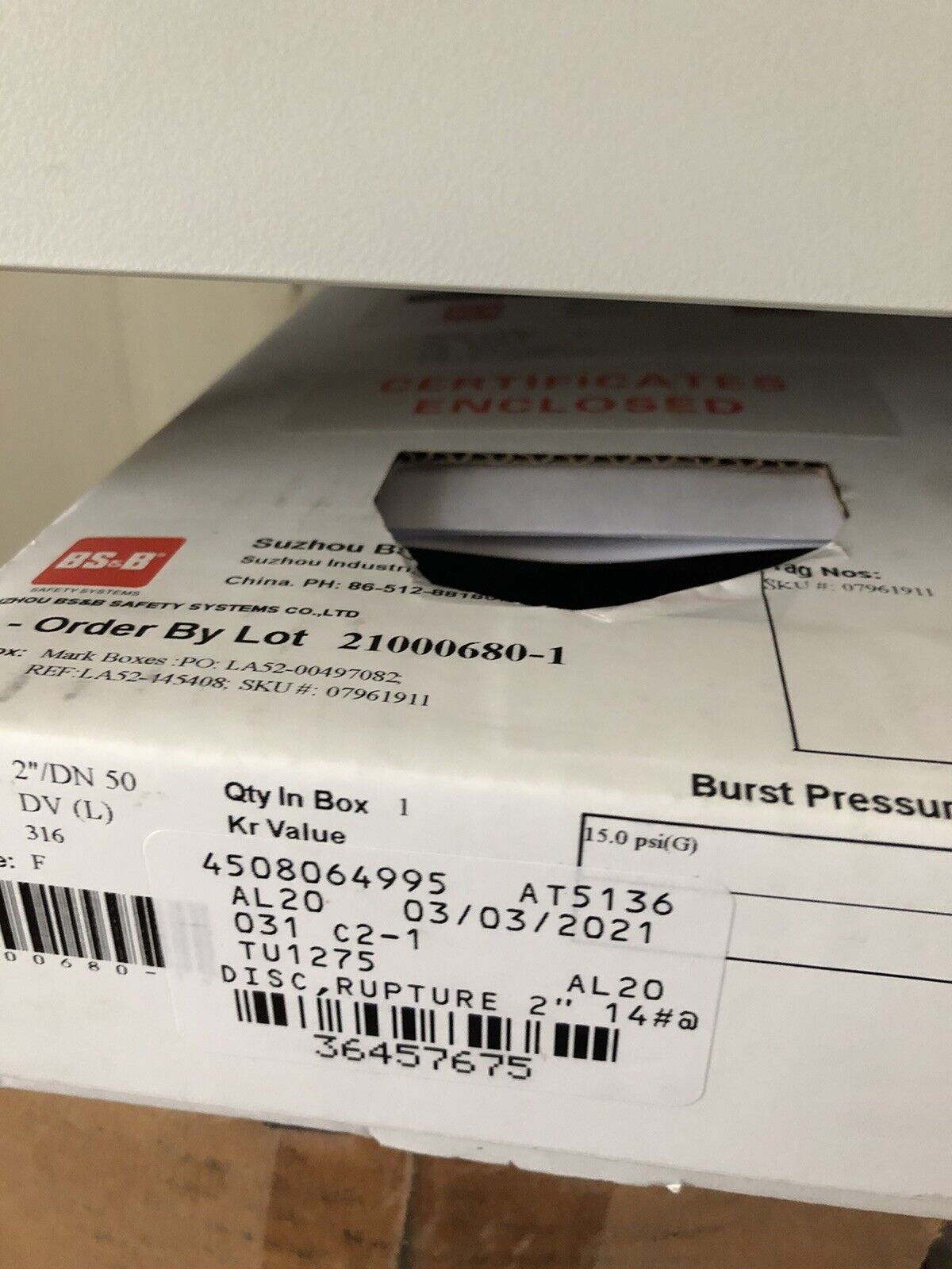 New 2" Dv (L),Bs&B Safety Systems 21000680-1 Rupture Disk,07961911,Ec