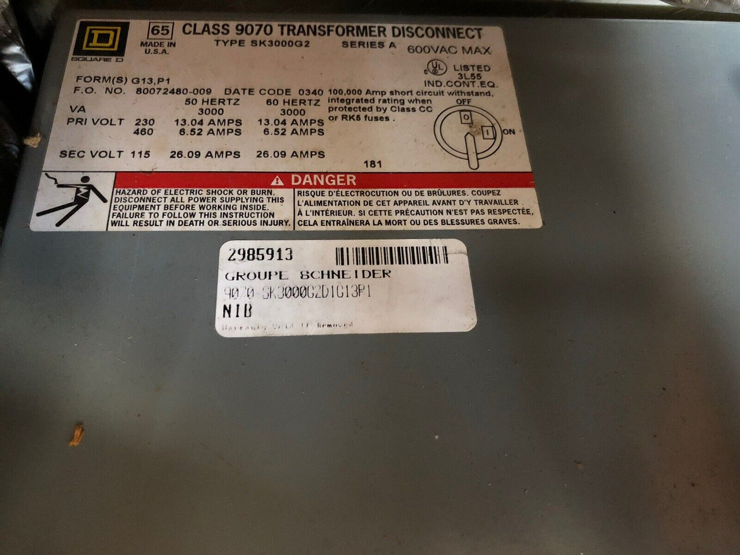 New Square D 9070-Sk3000g2d1g13p1,Sk3000g2,Class 9070 Transformer Disconnect,Ghb