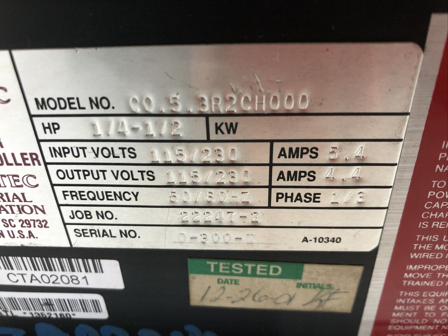 Powertec 4000-170150-003,C0-5-3R2ch000 Controller,4.4 A 1/4-1/2Hp 300 Regen,Fa