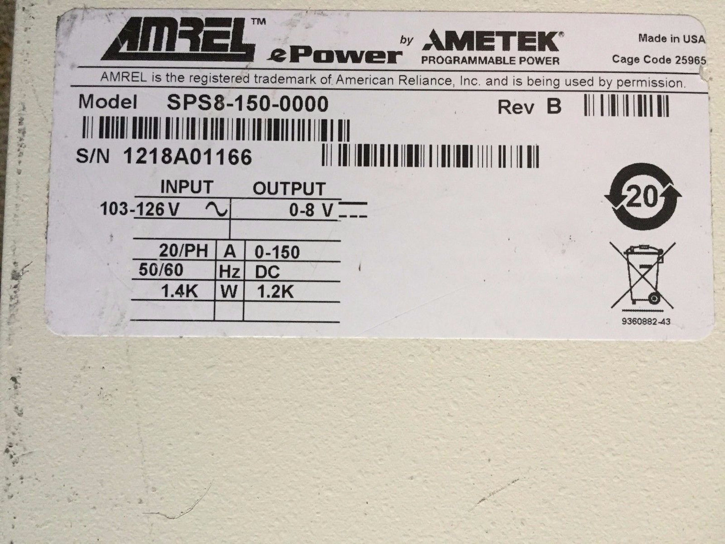 Ametek Sps8-150-0000,Ametek 103-126 Ac 103.5-126.5V  Power Supply,Bs