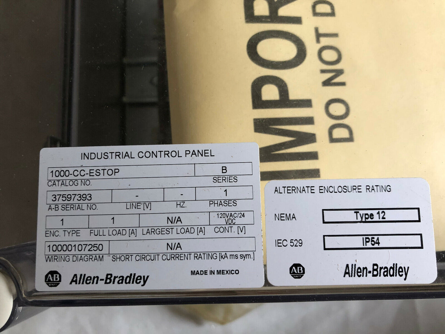 New Allen Bradley 1000-Cc-Estop Control Panel,Nema Type 12, Iec 529,Ip54 ,Fm
