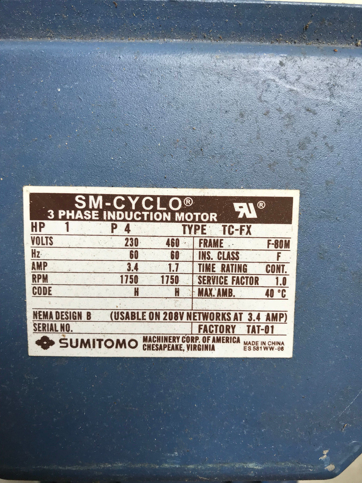 New Sumitomo Cnhms1-6095Yc-17,Tc-Fx Sm-Cyclo 6000 1Hp Induction Motor,Ta
